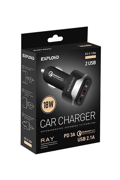 ЗУ в прикуриватель "Exployd" EX-Z-1206 автомобильное ЗУ,3A,2хUSB 3A,PD,18W,QC3.0,чёрный