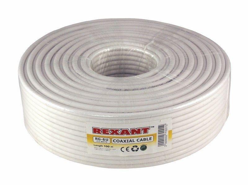 Кабель "Rexant" RG-6U, 75Ом, Cu/Al/Cu, 64%, 100м, INDOOR, белый