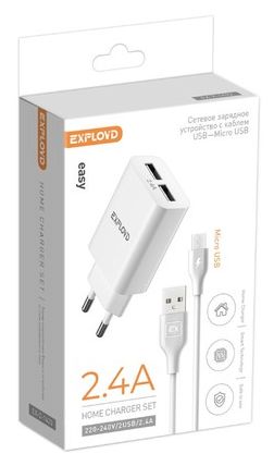 СЗУ "Exployd" EX-Z-1423 СЗУ micro USB 2.4A 2хUSB белый