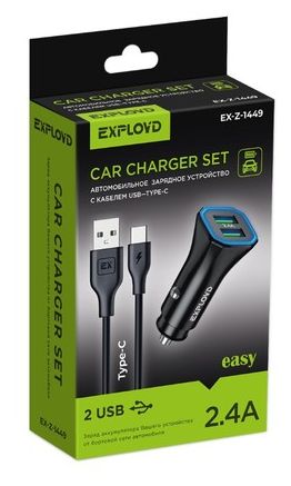 ЗУ в прикуриватель "Exployd" EX-Z-1449 АЗУ Type-C 2.4A 2хUSB чёрный