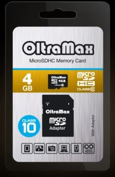 Карта памяти "Oltramax" MicroSDHC 4GB Class10 + адаптер SD