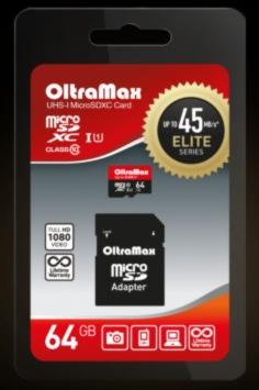 Карта памяти "Oltramax" MicroSDXC 64GB Class 10 UHS-1 Elite + адаптер SD 45 MB/s