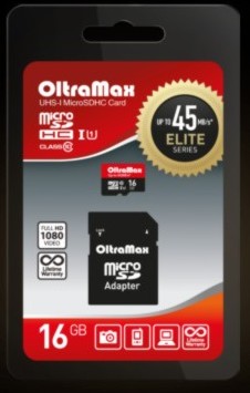 Карта памяти "Oltramax" MicroSDHC 16GB Class 10 UHS-1 Elite + адаптером SD 45 MB/s