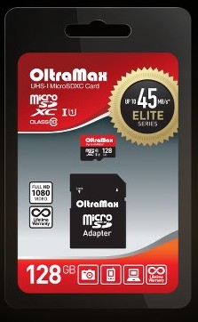 Карта памяти "Oltramax" 128GB microSDHC Class 10 UHS-1 Elite с адаптером SD 45 MB/s