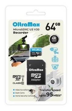 Карта памяти "Oltramax" MicroSDXC 64GB Class 10 (U3) V30 Recorder + адаптер (SD 95 MB/s)