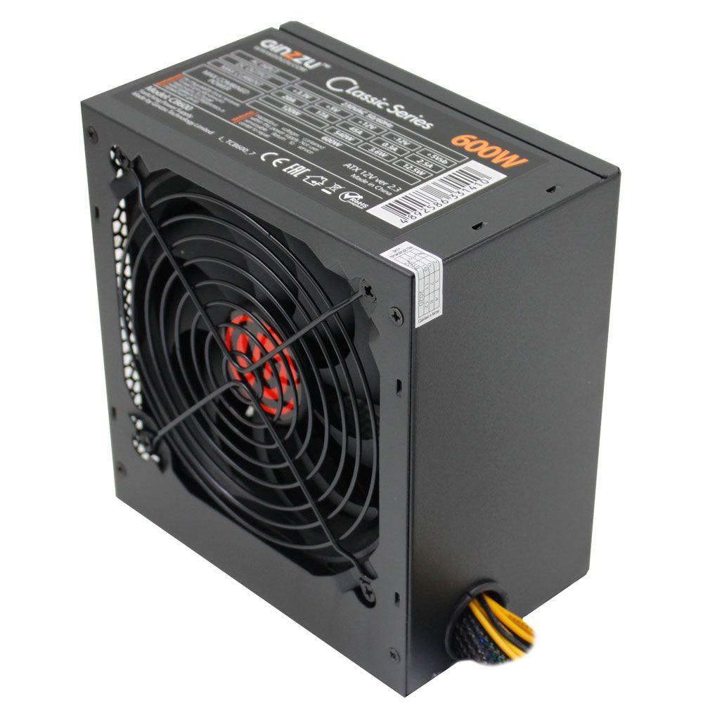 Блок питания "Ginzzu" CB600 12CM black,24+4p,2 PCI-E(6+2), 4*SATA,3*IDE,оплетка MB, кабель питания