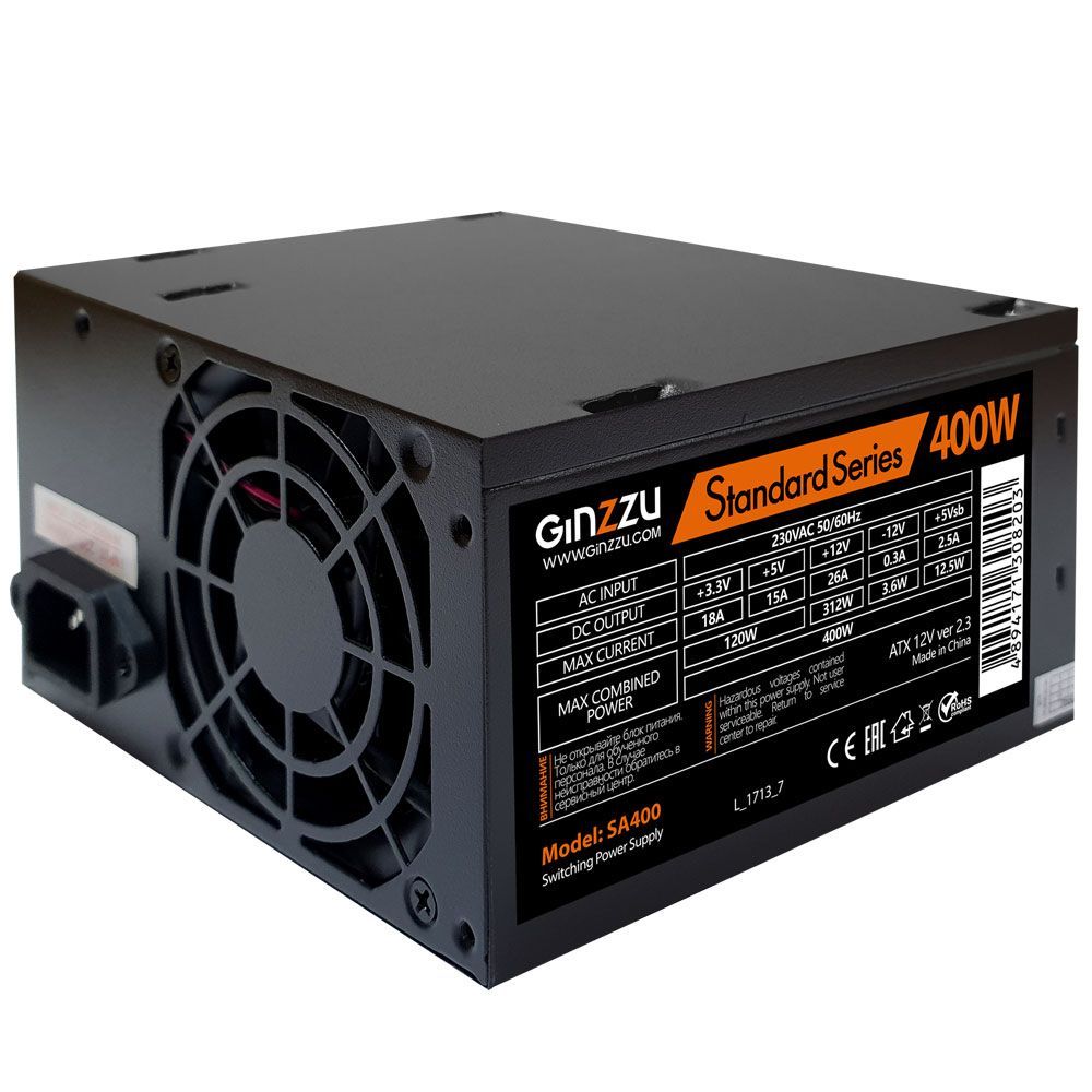 Блок питания "Ginzzu" SA400 ATX, 8cm fan, 20+4pin +4Pin, 2*SATA, 2*IDE Черный