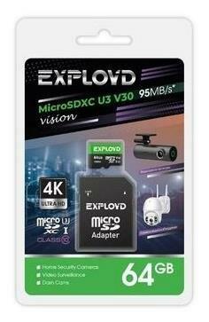 Карта памяти "Exployd" MicroSDXC 64GB Class 10 (U3) V30 Vision + адаптер (SD 95 MB/s)